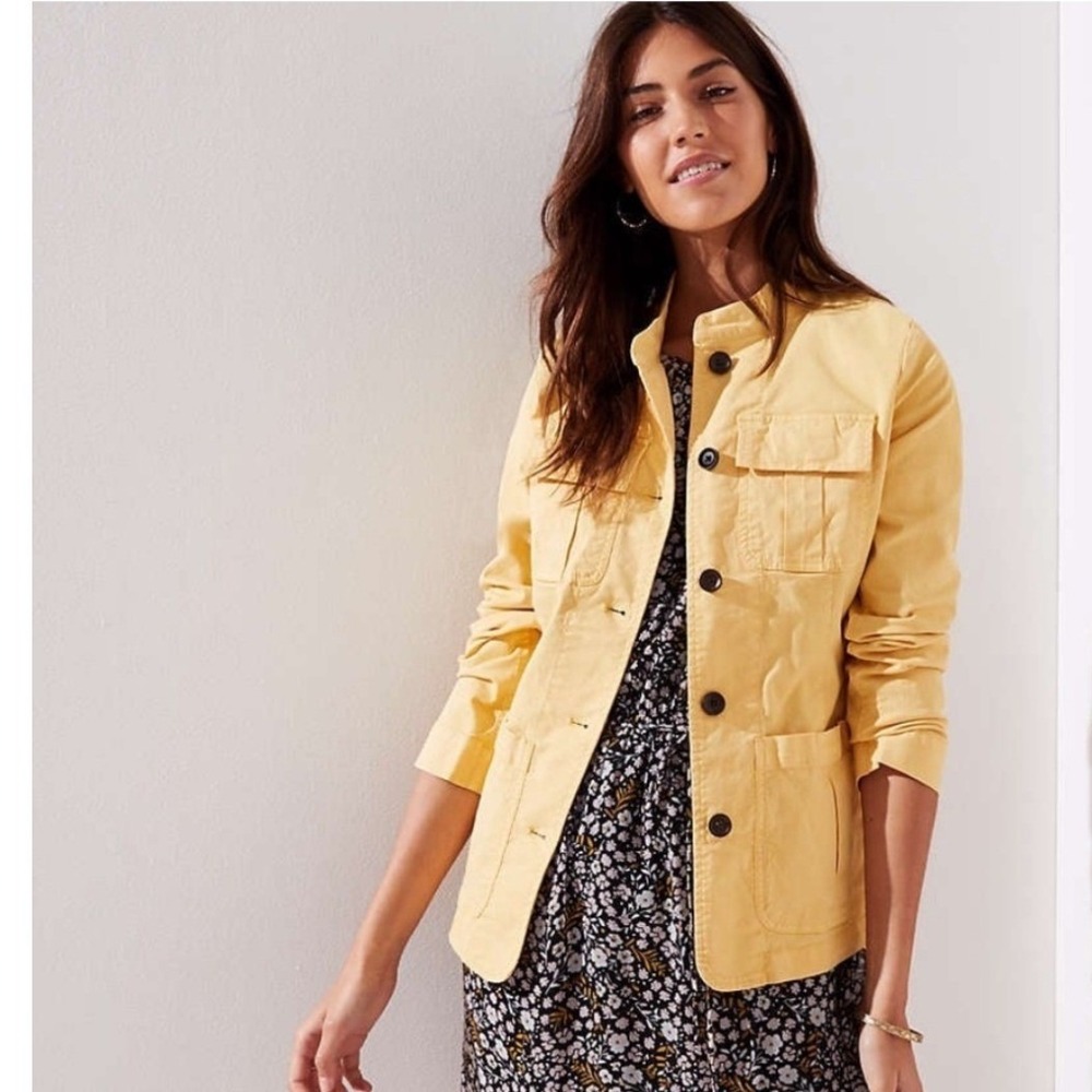 Loft Yellow Stretch Cotton Button Front Utility Jacket‎ Cargo Pocket Size M